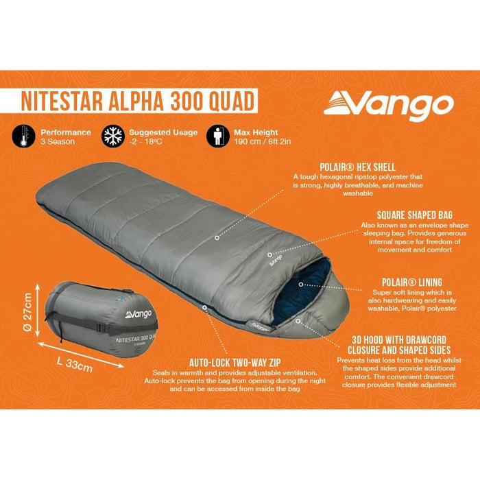 Vango Nitestar Alpha 300 Quad Sleeping Bag Square 3 Season Camping - Vango - My Roof Tent